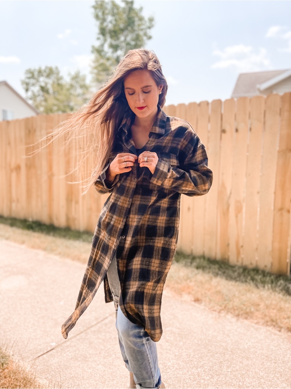 Longline Plaid Button-Down Shirt - Brown/Black